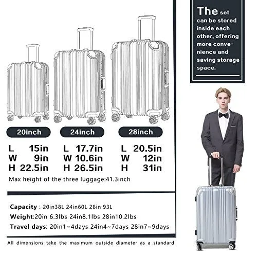 Coolife Luggage Aluminium Frame Suitcase with TSA Lock 100% PC (M(24in), Wine red)
