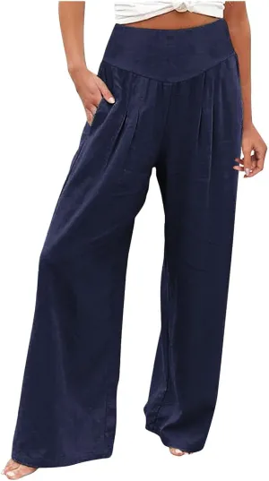 Corduroy Pleated Pants for Women Winter Everyday Hiking Pants with Pockets Elastic Waist High Waisted