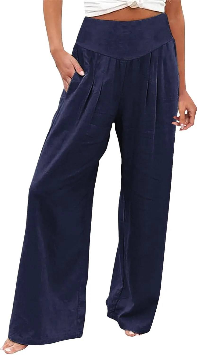 Corduroy Pleated Pants for Women Winter Everyday Hiking Pants with Pockets Elastic Waist High Waisted