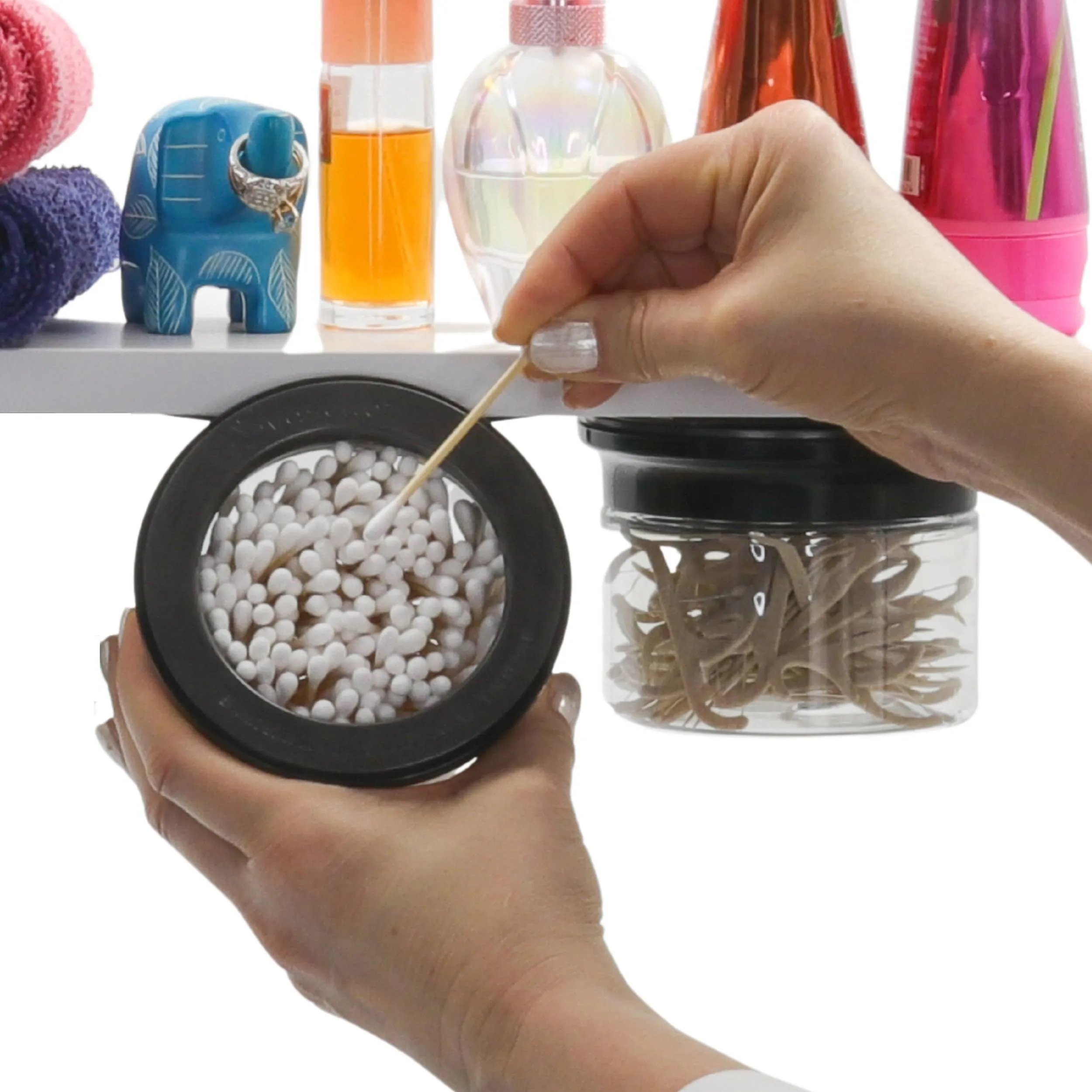 Cotton Ball and Q tip Holder, Bathroom Canisters Set, Adhesive Mount Under Shelf Organizer, Bathroom Storage Organizer