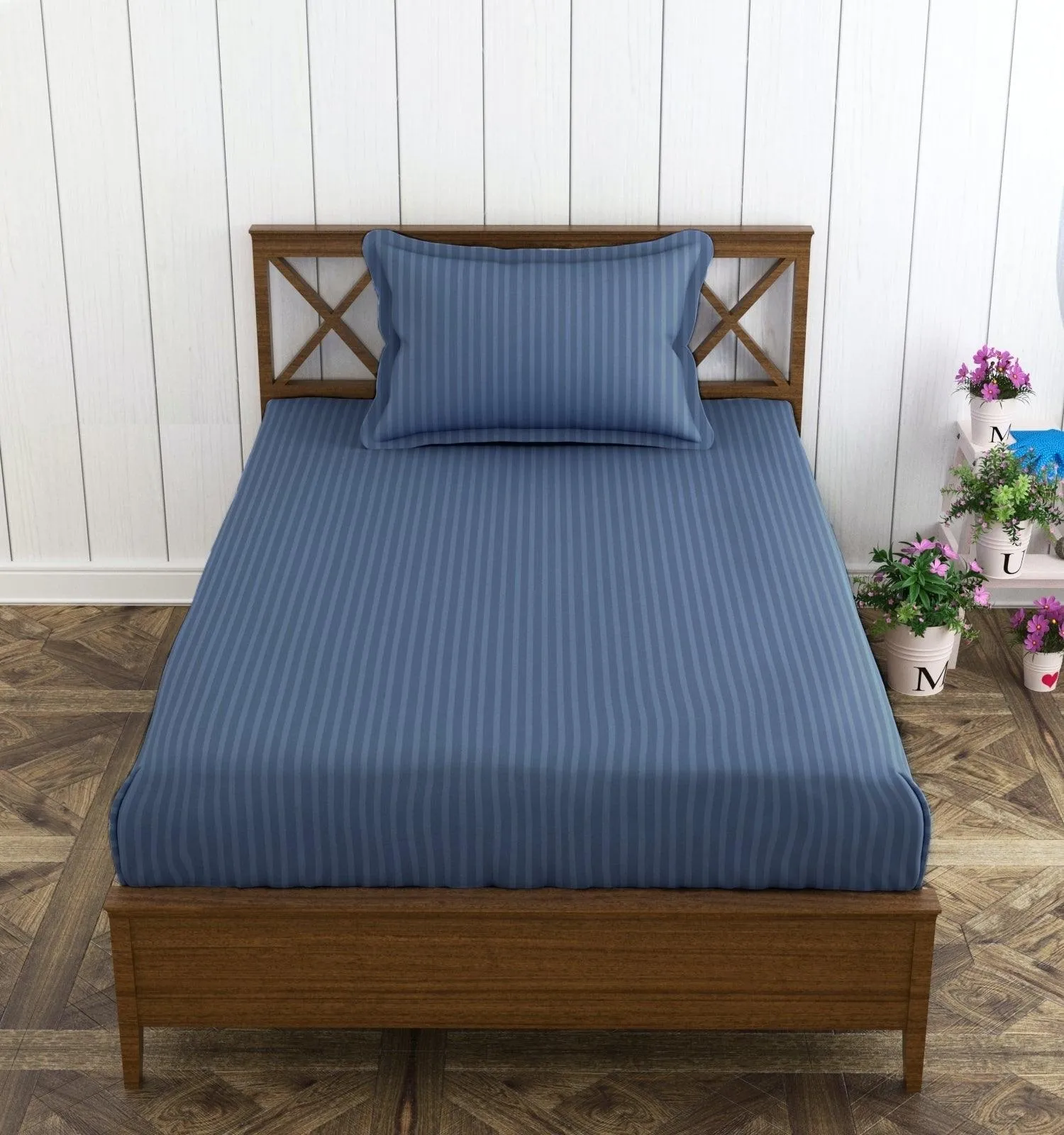 Cotton College/Hostel Bed Sizes Fitted Bedsheet with 1 Pillow Cover(100% Cotton & 200 TC)