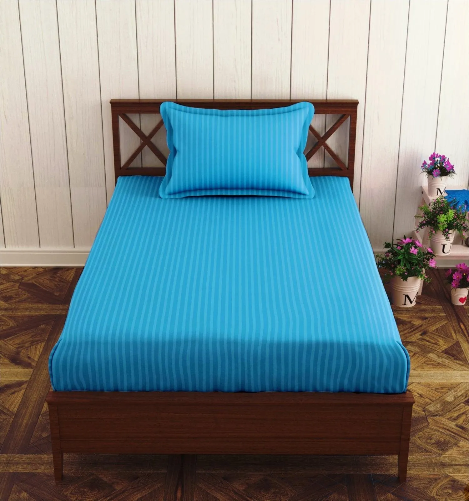 Cotton College/Hostel Bed Sizes Fitted Bedsheet with 1 Pillow Cover(100% Cotton & 200 TC)