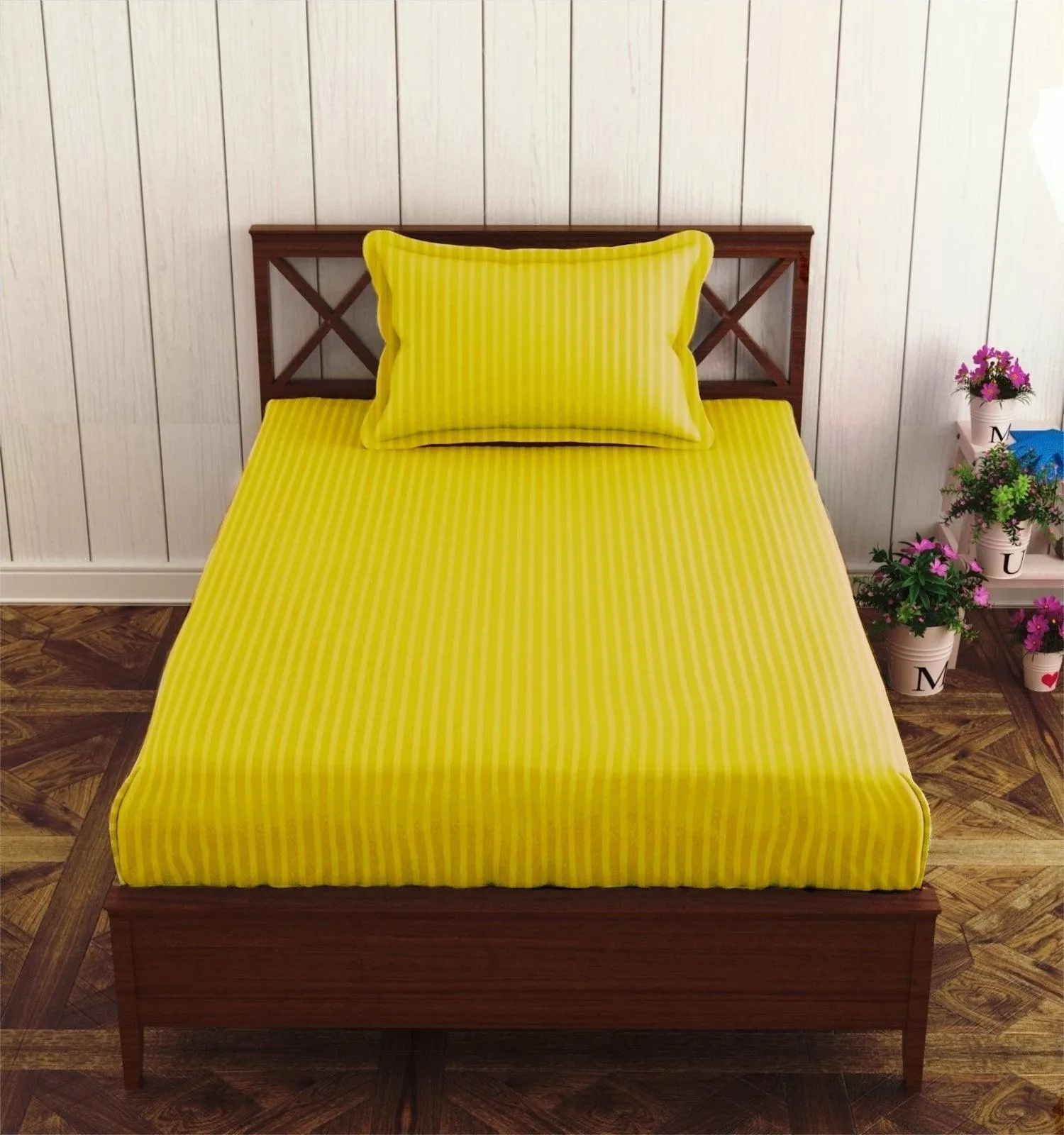 Cotton College/Hostel Bed Sizes Fitted Bedsheet with 1 Pillow Cover(100% Cotton & 200 TC)