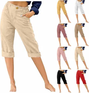 Cotton Linen Capri Pants for Women Casual 2024 Summer Straight Leg Pant Loose Cropped Trousers with Pockets