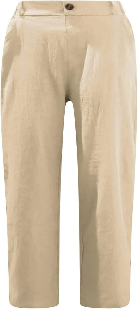 Cotton Linen Capri Pants for Women Casual 2024 Summer Straight Leg Pant Loose Cropped Trousers with Pockets