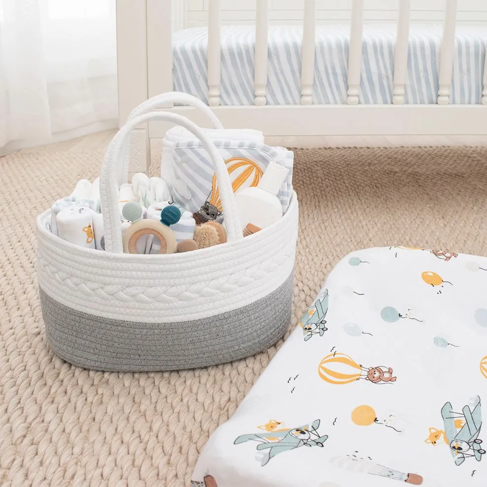 Cotton Rope Nappy Caddy With Divider - Grey/White