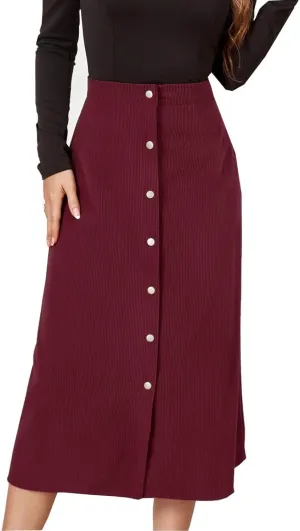 Cotton Skirts for Women Corduroy Midi Skirt High Waist Button Front Skirts Business Casual A-Line Skirts Office Skirt