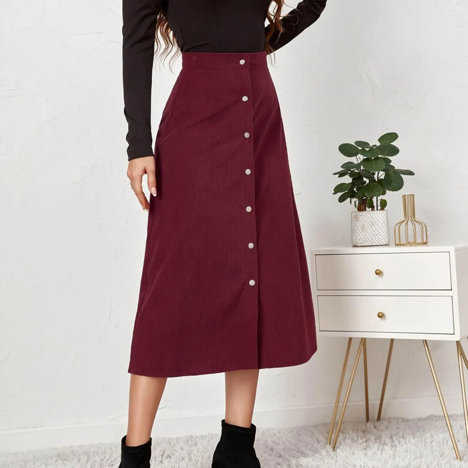 Cotton Skirts for Women Corduroy Midi Skirt High Waist Button Front Skirts Business Casual A-Line Skirts Office Skirt
