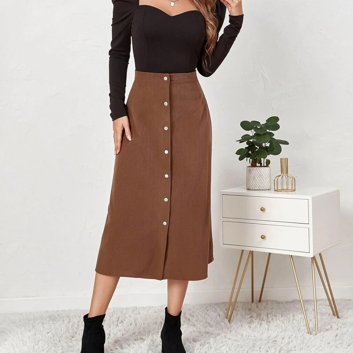 Cotton Skirts for Women Corduroy Midi Skirt High Waist Button Front Skirts Business Casual A-Line Skirts Office Skirt