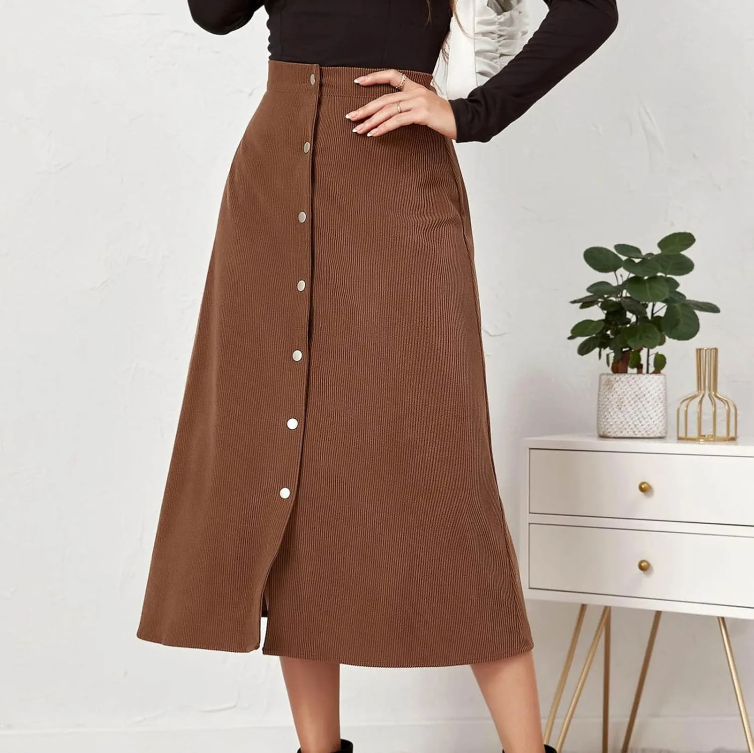 Cotton Skirts for Women Corduroy Midi Skirt High Waist Button Front Skirts Business Casual A-Line Skirts Office Skirt