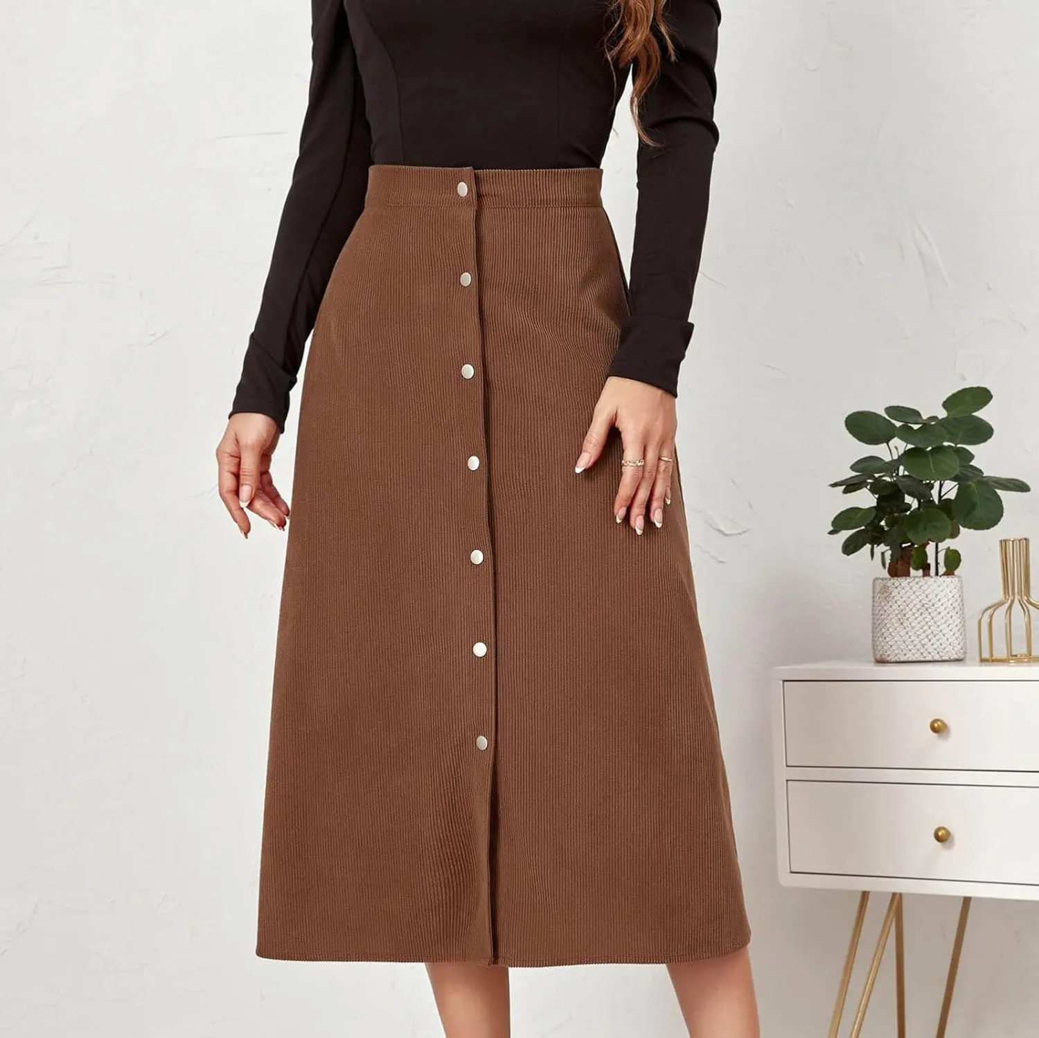 Cotton Skirts for Women Corduroy Midi Skirt High Waist Button Front Skirts Business Casual A-Line Skirts Office Skirt