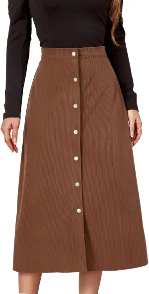 Cotton Skirts for Women Corduroy Midi Skirt High Waist Button Front Skirts Business Casual A-Line Skirts Office Skirt