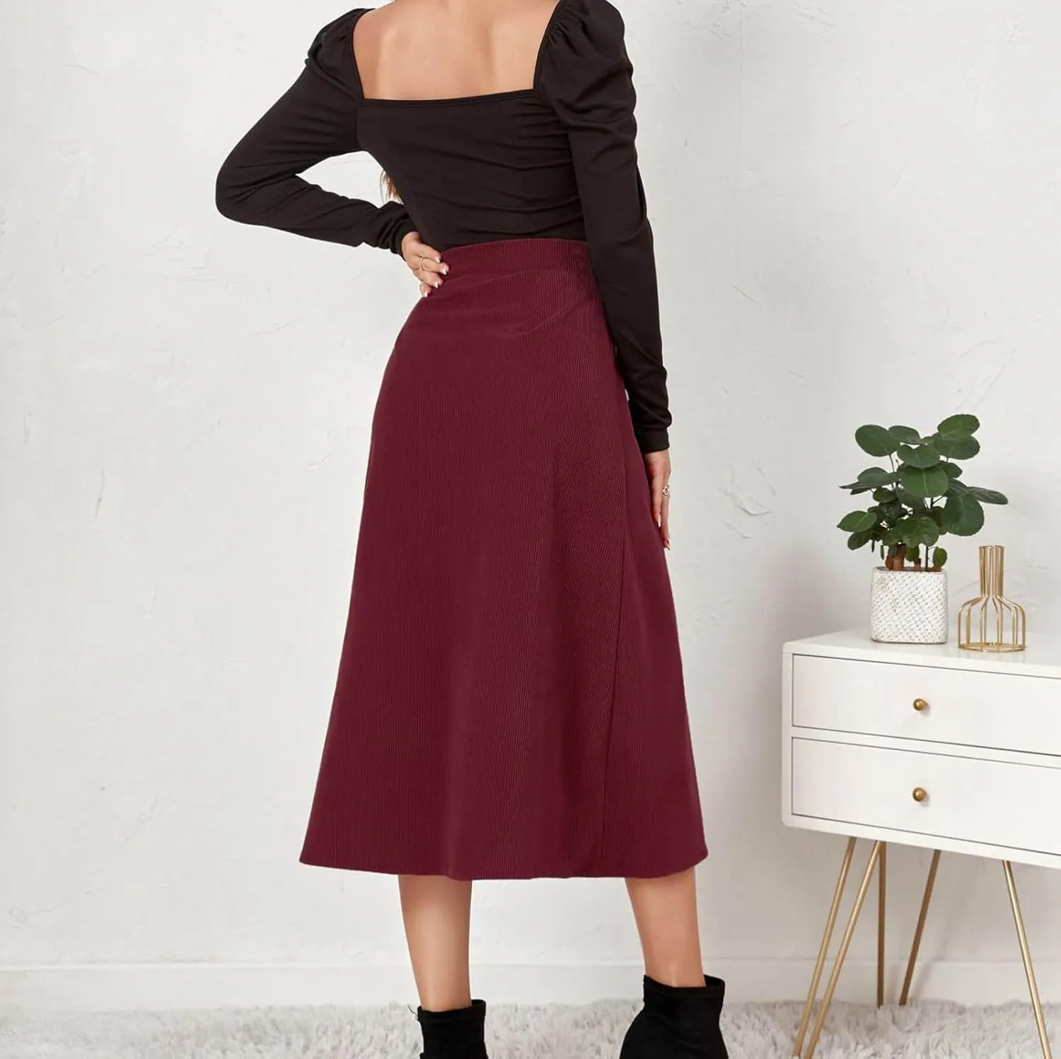 Cotton Skirts for Women Corduroy Midi Skirt High Waist Button Front Skirts Business Casual A-Line Skirts Office Skirt
