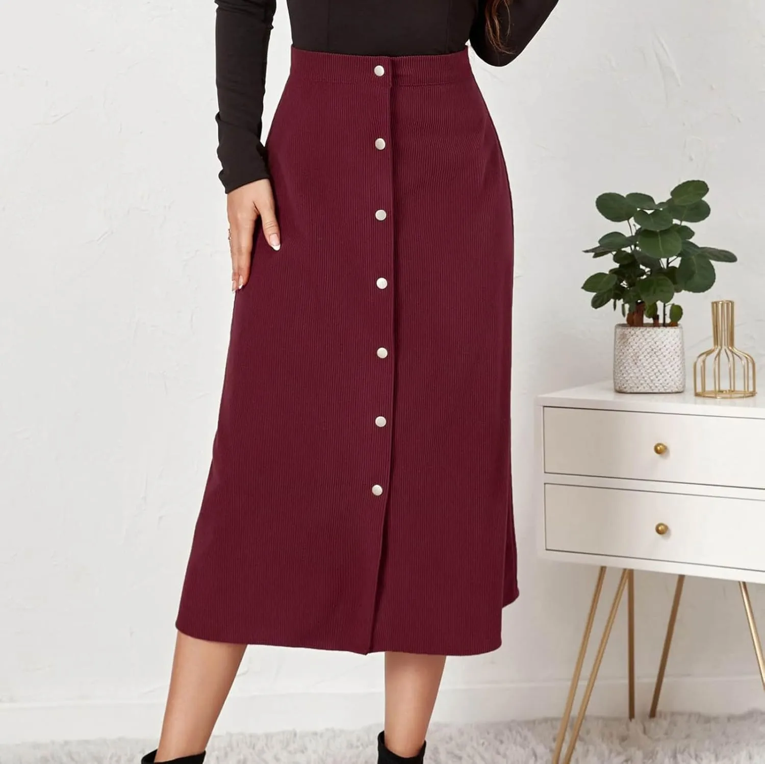 Cotton Skirts for Women Corduroy Midi Skirt High Waist Button Front Skirts Business Casual A-Line Skirts Office Skirt