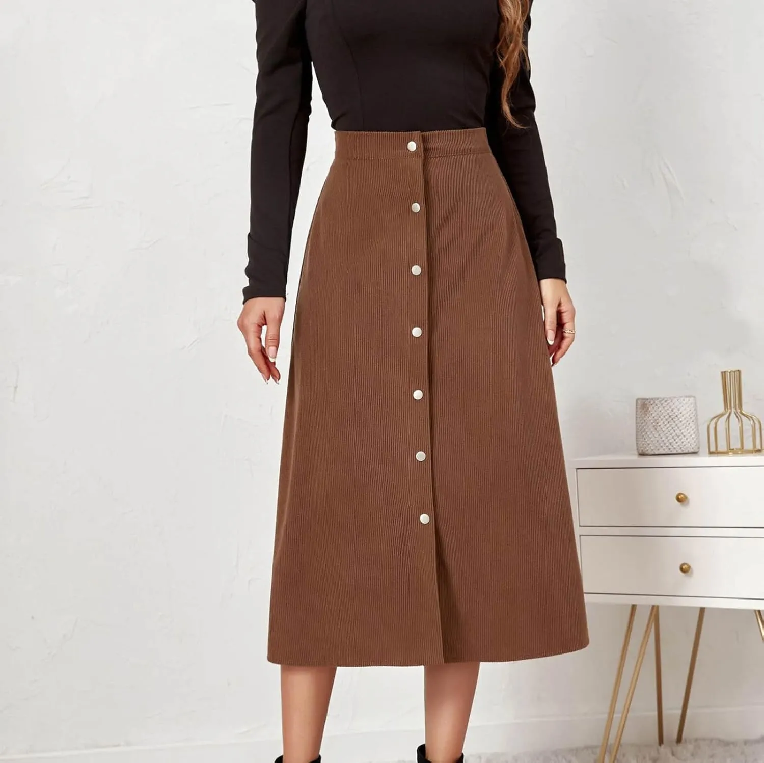 Cotton Skirts for Women Corduroy Midi Skirt High Waist Button Front Skirts Business Casual A-Line Skirts Office Skirt