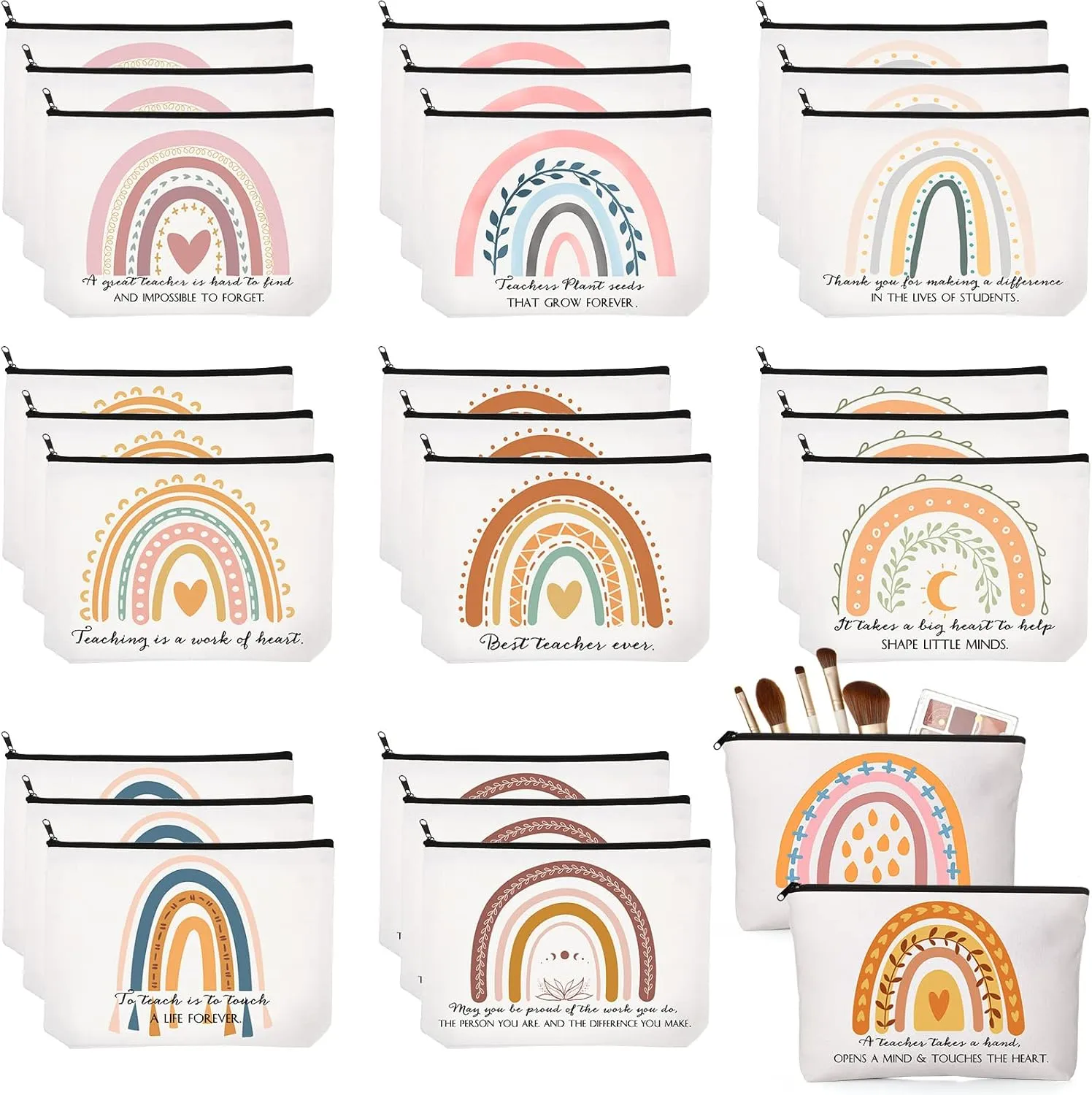 Coume 30 Pcs Teacher Appreciation Gifts Rainbow Canvas Makeup Bags with Zipper Inspirational Cosmetic Bag Travel Pouch Toiletry Case for End of the School Year Gift for Teacher, 10 Styles(Elegant)