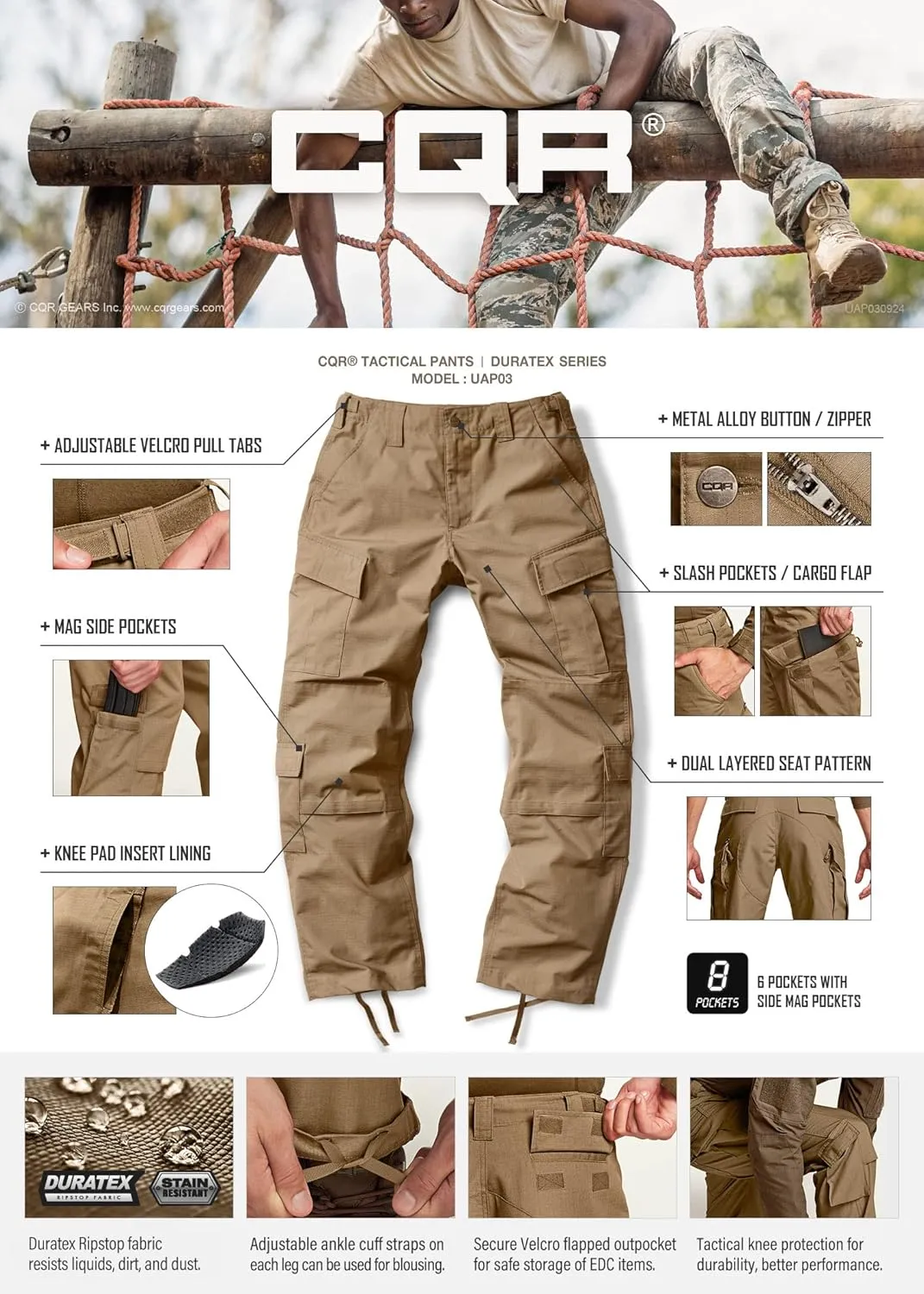 CQR Men's Tactical Combat Cargo Pants, Water Resistant Ripstop, Military Outdoor Hiking Work Apparel