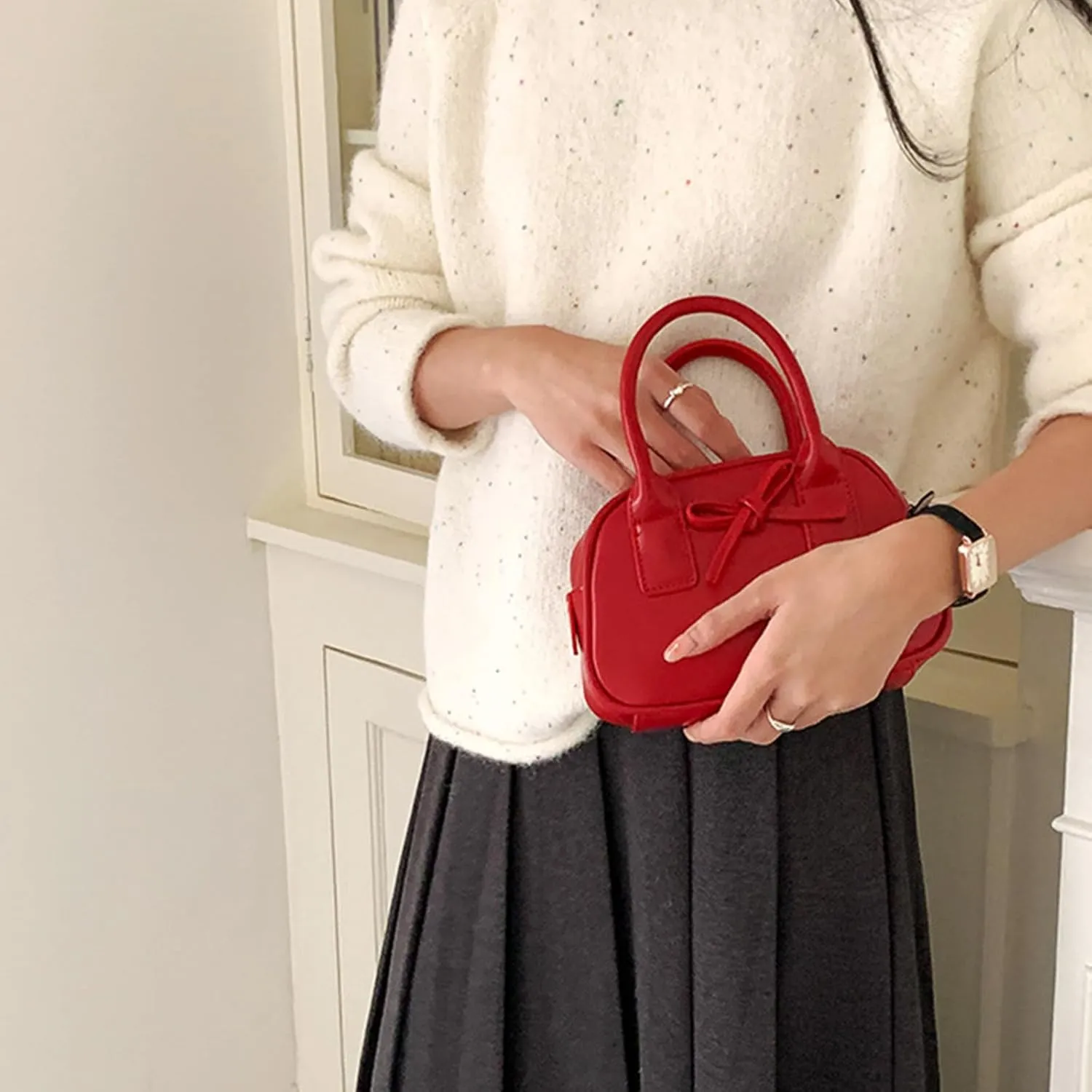Creative Bows Aesthetic Shoulder Bag PU Leather Handbag Stylish Crossbody Bags Casual Satchel Purse For Everyday Use