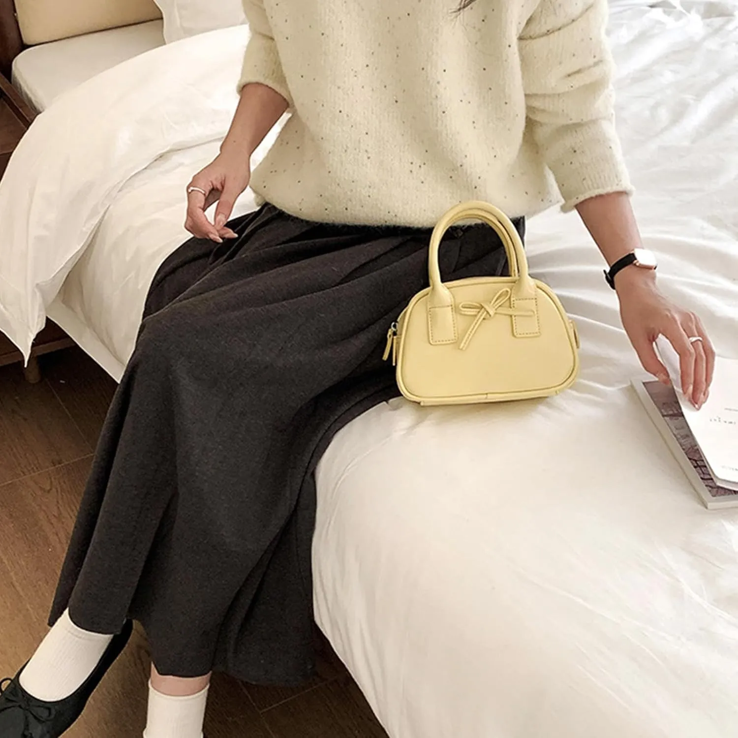 Creative Bows Aesthetic Shoulder Bag PU Leather Handbag Stylish Crossbody Bags Casual Satchel Purse For Everyday Use