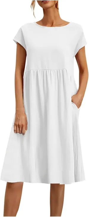 Crew Neck Summer Dresses For Women 2025 Short Sleeve Loose Fit Tunic Beach Dresses Patchwork Solid Shirt Sundress