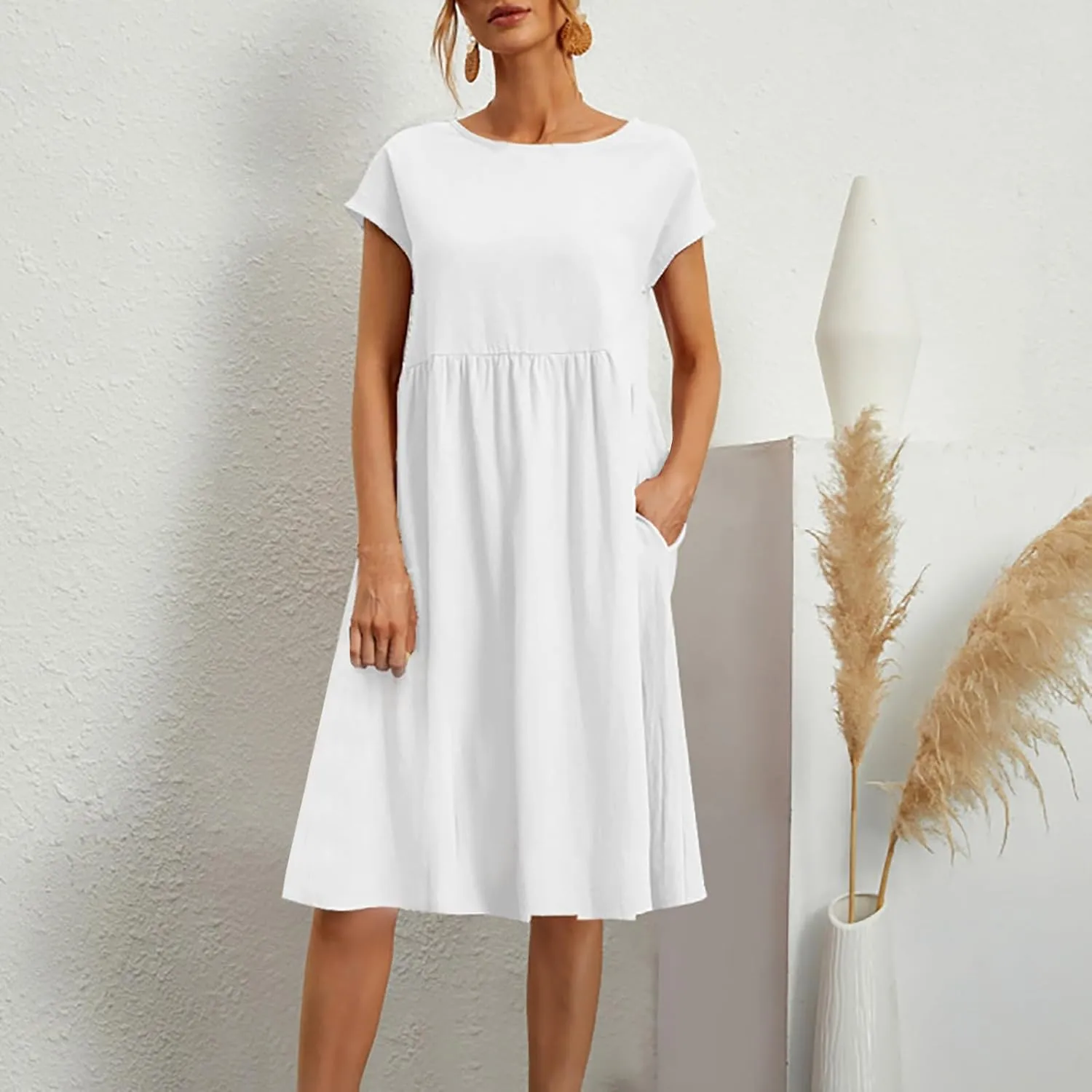 Crew Neck Summer Dresses For Women 2025 Short Sleeve Loose Fit Tunic Beach Dresses Patchwork Solid Shirt Sundress