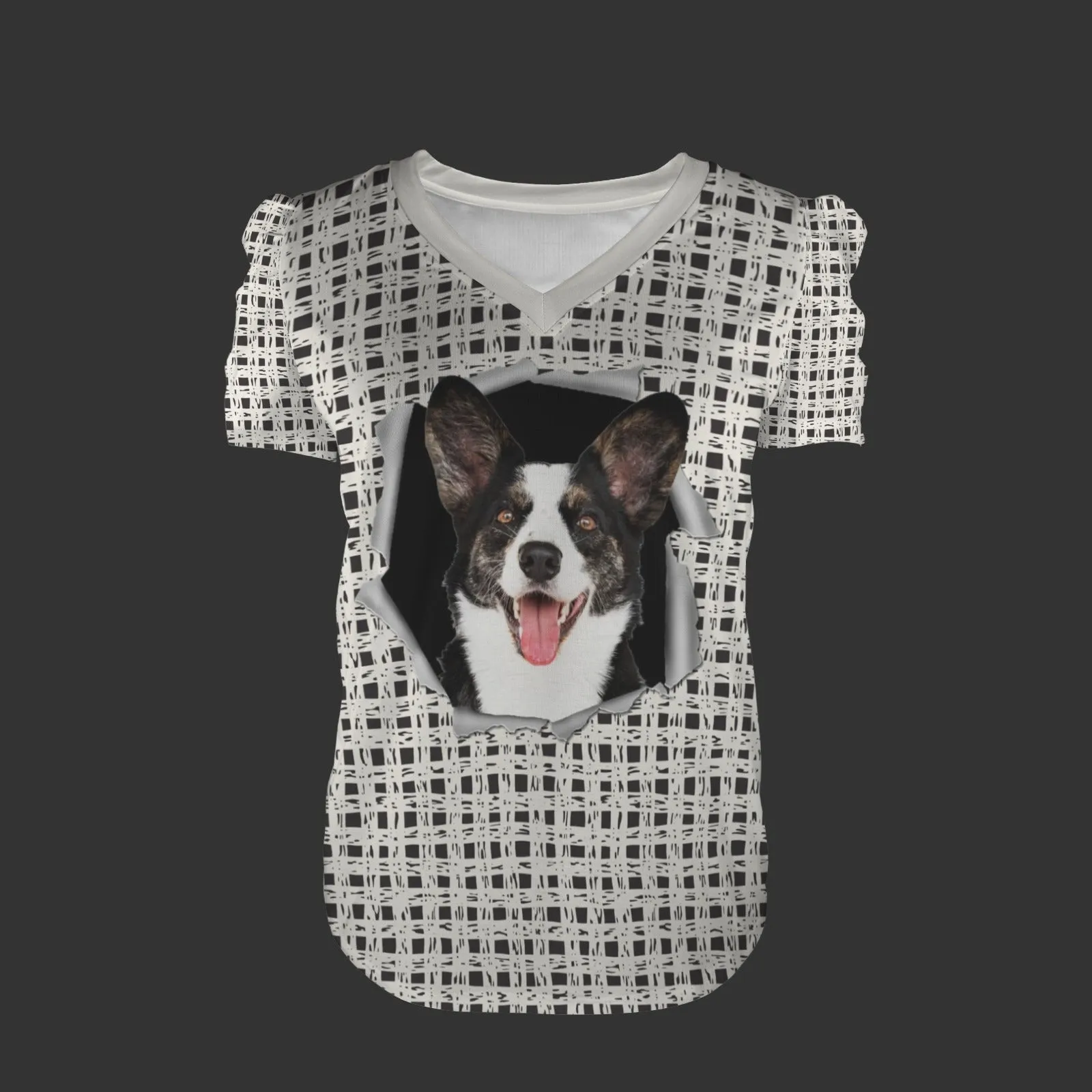 Custom Pet Face Mesh Women's V-Neck Puff Sleeve T-Shirts Personalized Summer Casual Shirt Tops for Women