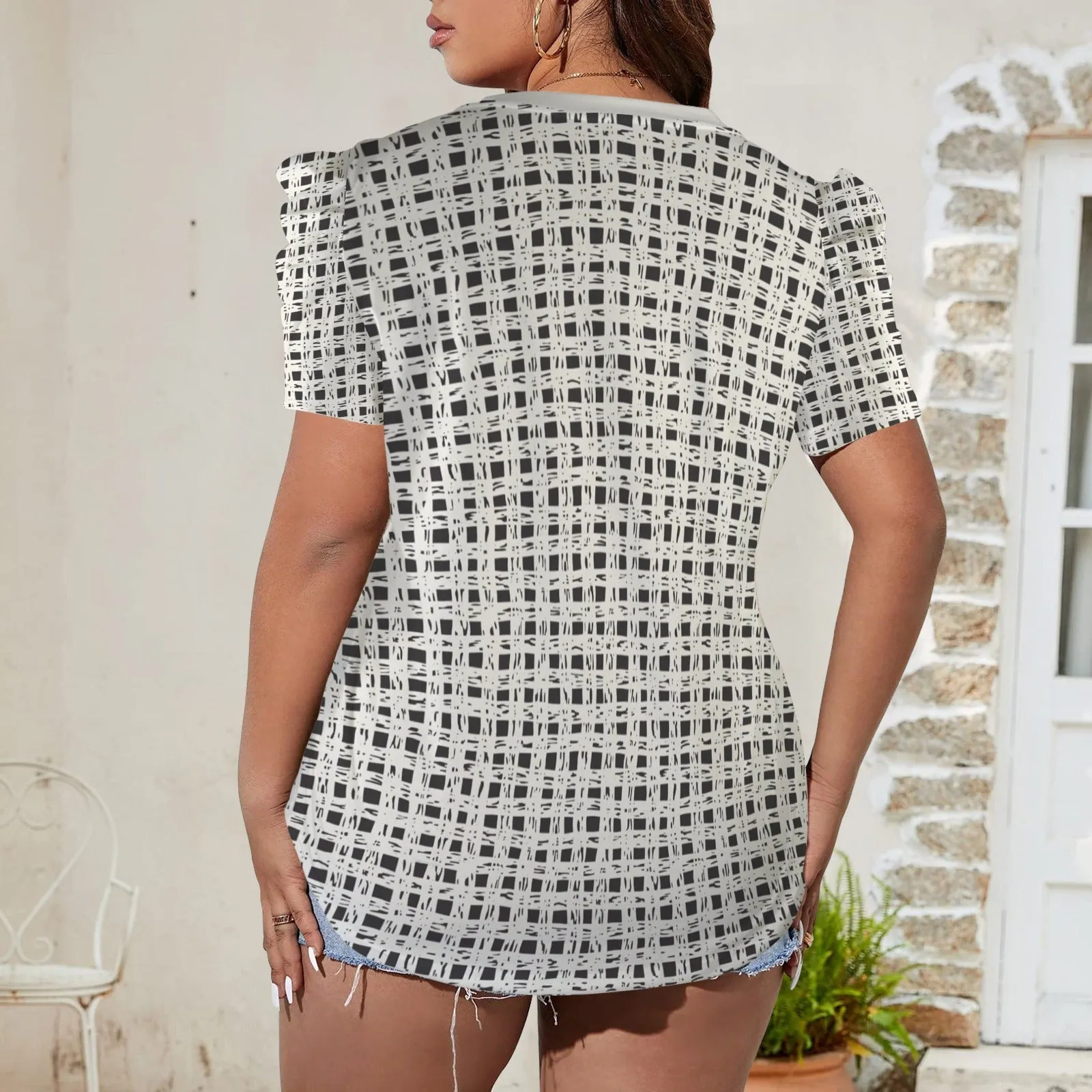 Custom Pet Face Mesh Women's V-Neck Puff Sleeve T-Shirts Personalized Summer Casual Shirt Tops for Women