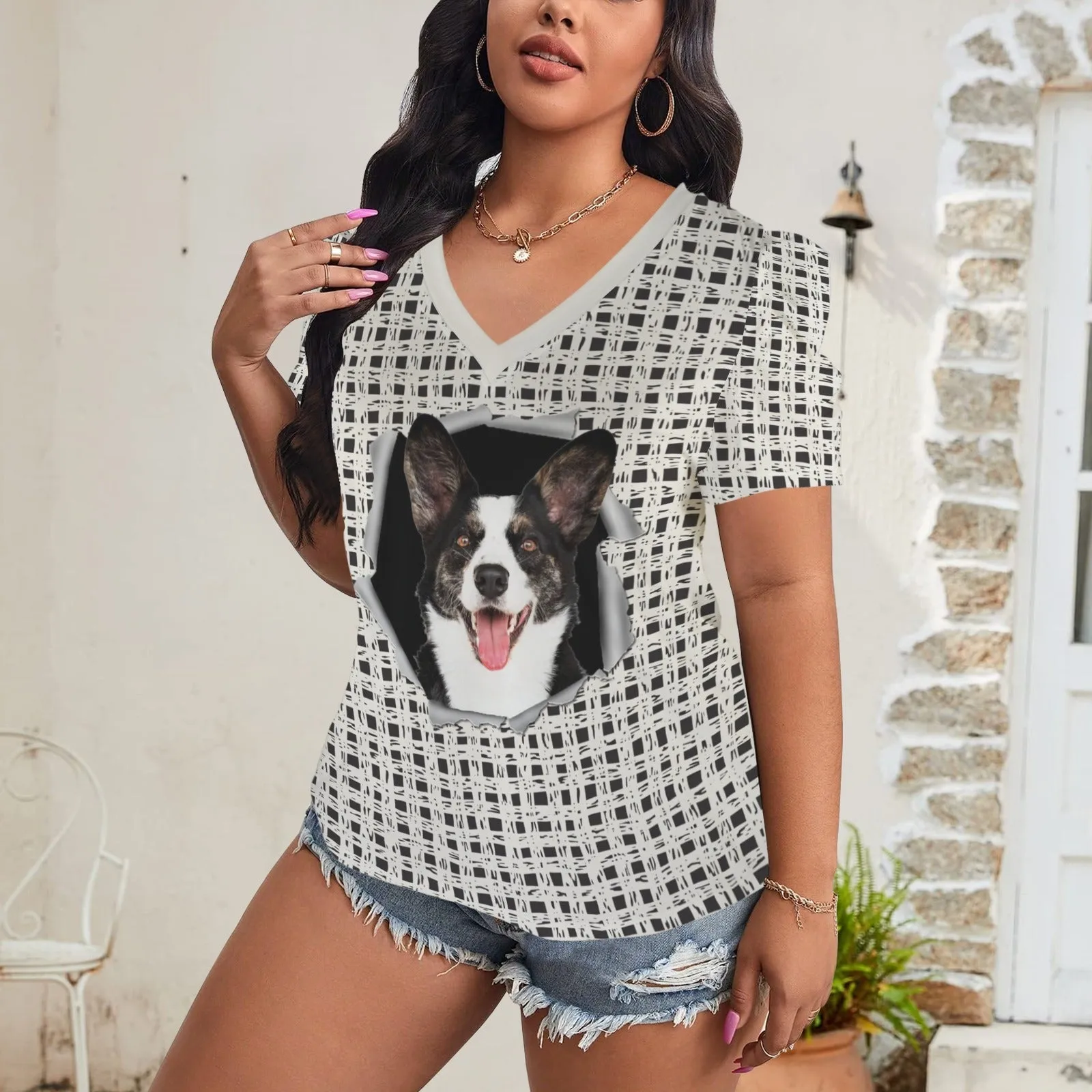 Custom Pet Face Mesh Women's V-Neck Puff Sleeve T-Shirts Personalized Summer Casual Shirt Tops for Women