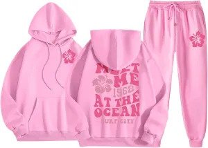 Cute 2 Piece Outfits for Women Teen Girls Preppy Puff Casual Hoodies Pockets Drawstring Pullover Oversized Sweatpants