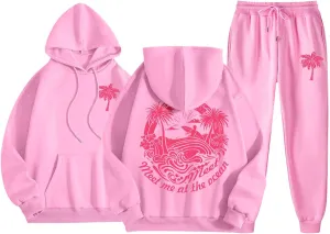 Cute 2 Piece Outfits for Women Teen Girls Preppy Puff Casual Hoodies Pockets Drawstring Pullover Oversized Sweatpants
