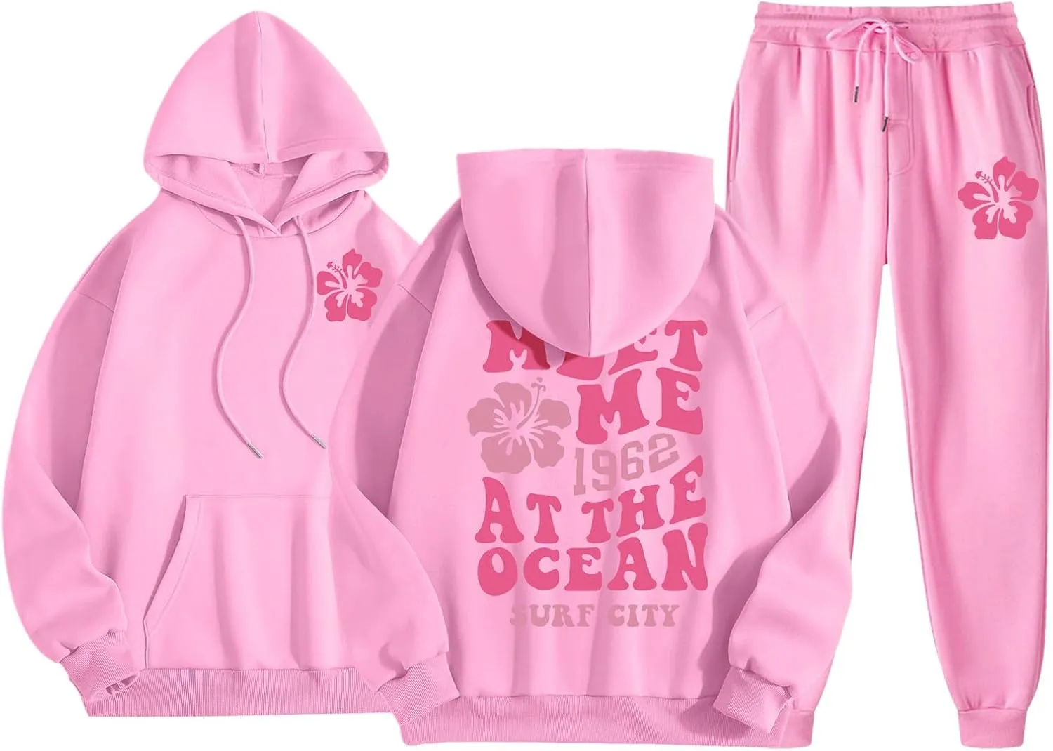 Cute 2 Piece Outfits for Women Teen Girls Preppy Puff Casual Hoodies Pockets Drawstring Pullover Oversized Sweatpants