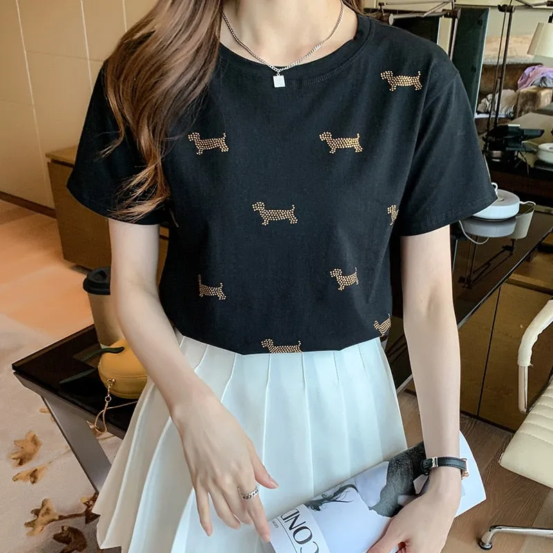 Cute Dachshund Beaded Casual Tee