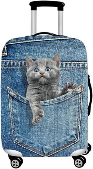 Denim 3D Cute cat Dog Styles Washable Print Luggage Cover Protector Suitcase Cover Carry On Cover with Zipper Fits 18-32 Inch Luggage for Holiday Travel and Great Gift Idea (Cat Grey, L)
