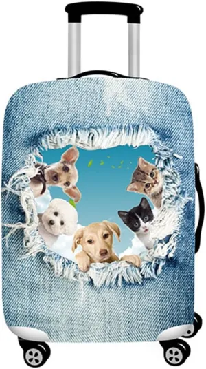 Denim 3D Cute cat Dog Styles Washable Print Luggage Cover Protector Suitcase Cover Carry On Cover with Zipper Fits 18-32 Inch Luggage for Holiday Travel and Great Gift Idea (Cat&Dog Blue, S)