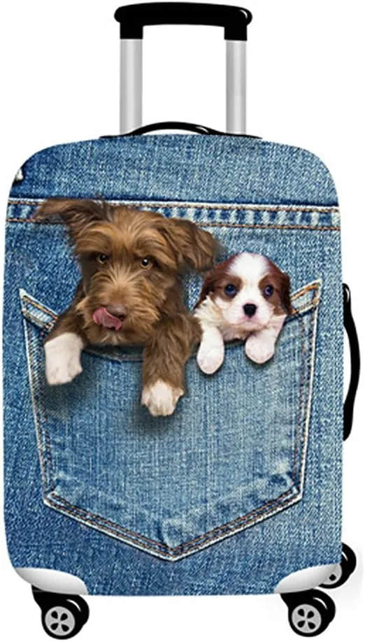 Denim 3D Cute cat Dog Styles Washable Print Luggage Cover Protector Suitcase Cover Carry On Cover with Zipper Fits 18-32 Inch Luggage for Holiday Travel and Great Gift Idea (Dog, S)
