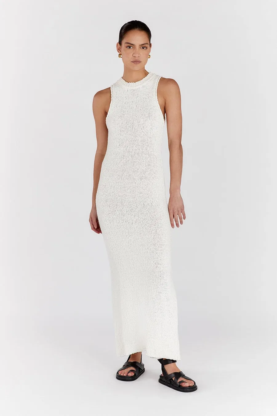 DION OFF WHITE BOUCLE CREW MAXI DRESS