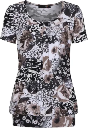 DJT Women's Short Sleeve Summer Tops Scoop Neck Pleated Front Casual Tee T Shirt