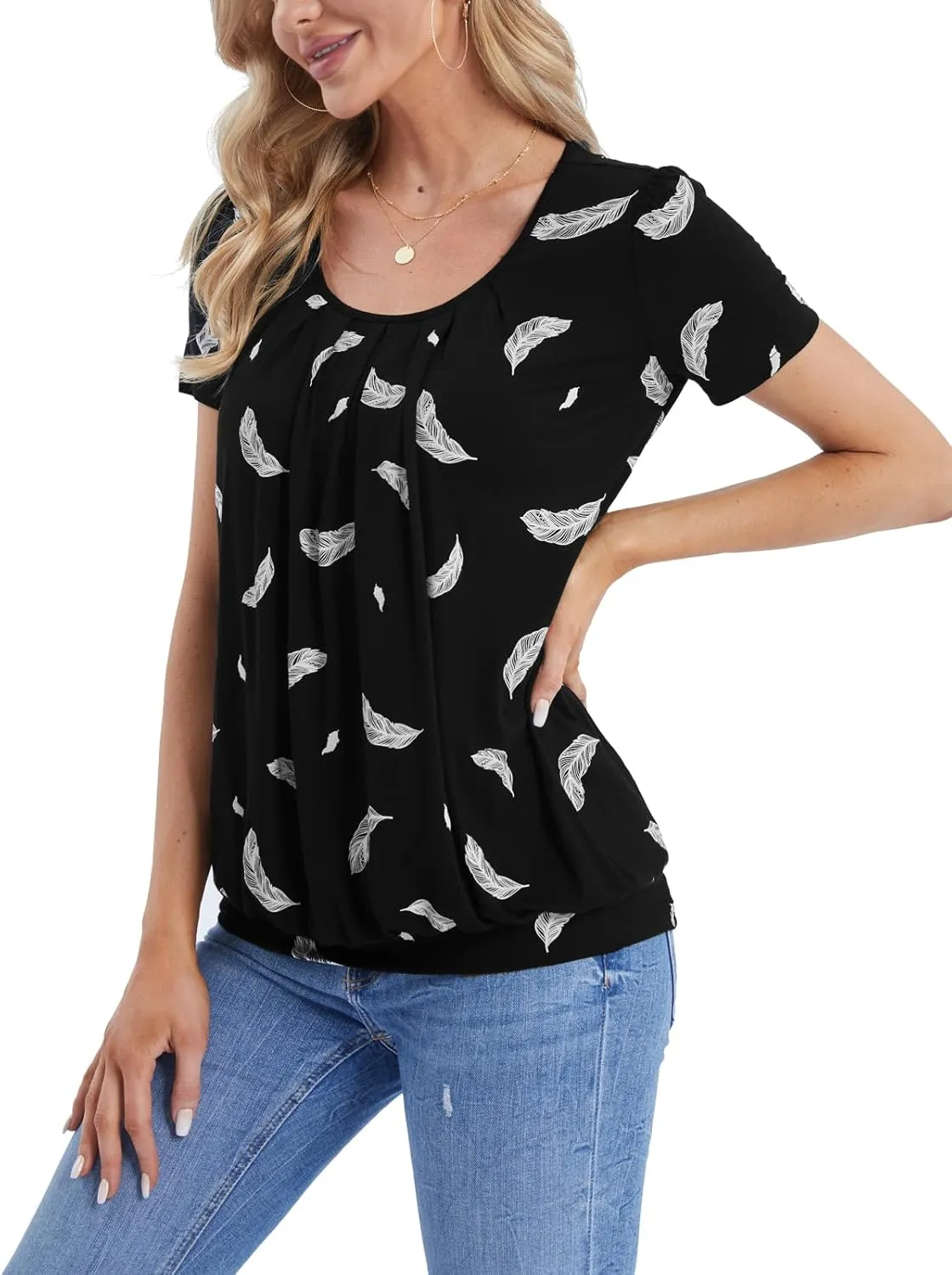 DJT Women's Short Sleeve Summer Tops Scoop Neck Pleated Front Casual Tee T Shirt