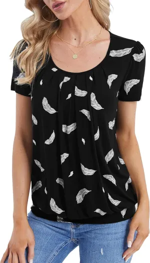 DJT Women's Short Sleeve Summer Tops Scoop Neck Pleated Front Casual Tee T Shirt
