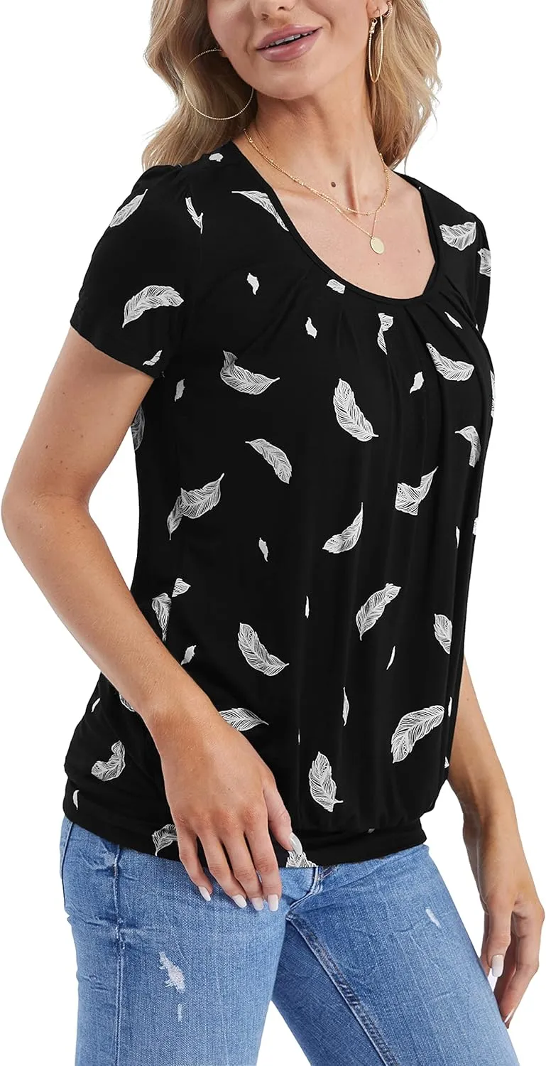 DJT Women's Short Sleeve Summer Tops Scoop Neck Pleated Front Casual Tee T Shirt