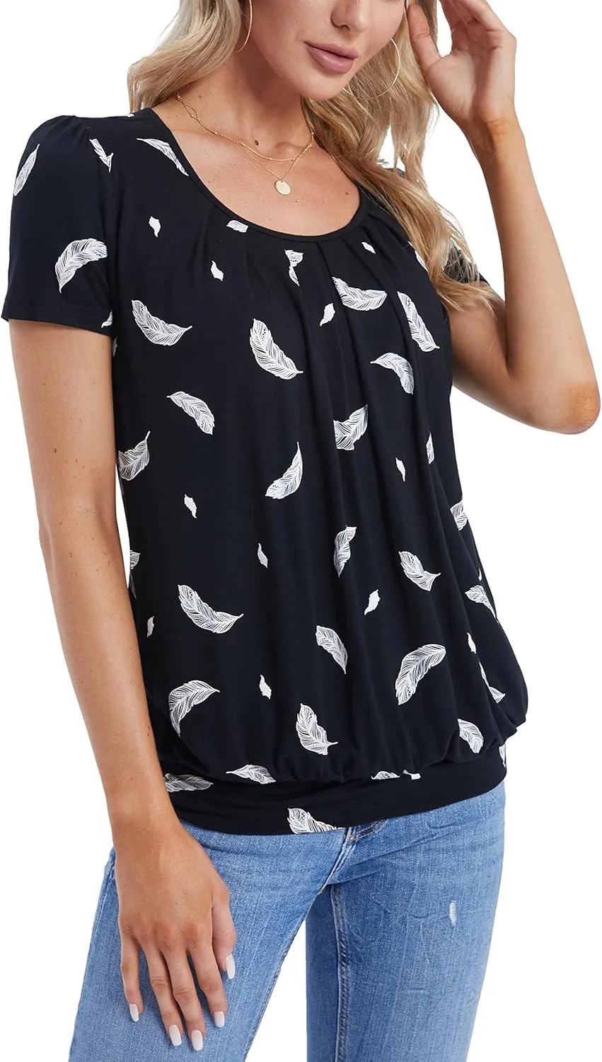 DJT Women's Short Sleeve Summer Tops Scoop Neck Pleated Front Casual Tee T Shirt