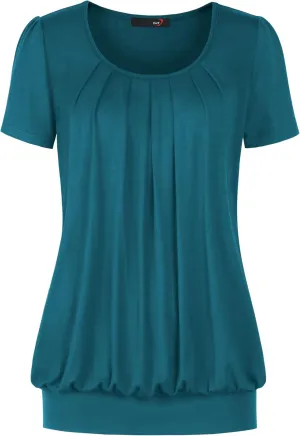 DJT Women's Short Sleeve Summer Tops Scoop Neck Pleated Front Casual Tee T Shirt
