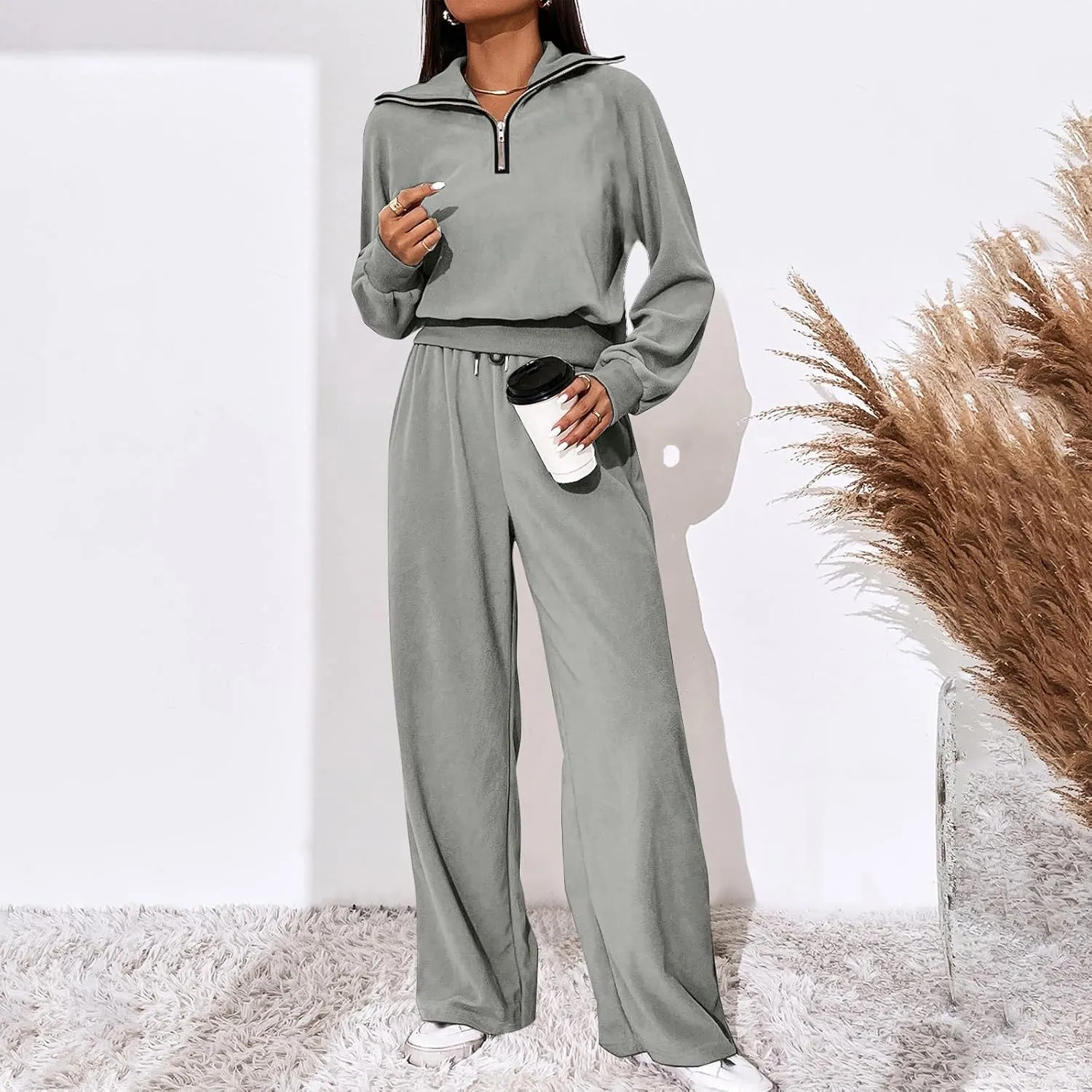 DOLKFU Womens Half Zip Long Sleeve Casual Hoodies Tracksuit Wide Leg Loose Jogger Pant Fall Fashion 2 Piece Outfits