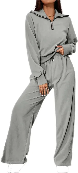 DOLKFU Womens Half Zip Long Sleeve Casual Hoodies Tracksuit Wide Leg Loose Jogger Pant Fall Fashion 2 Piece Outfits
