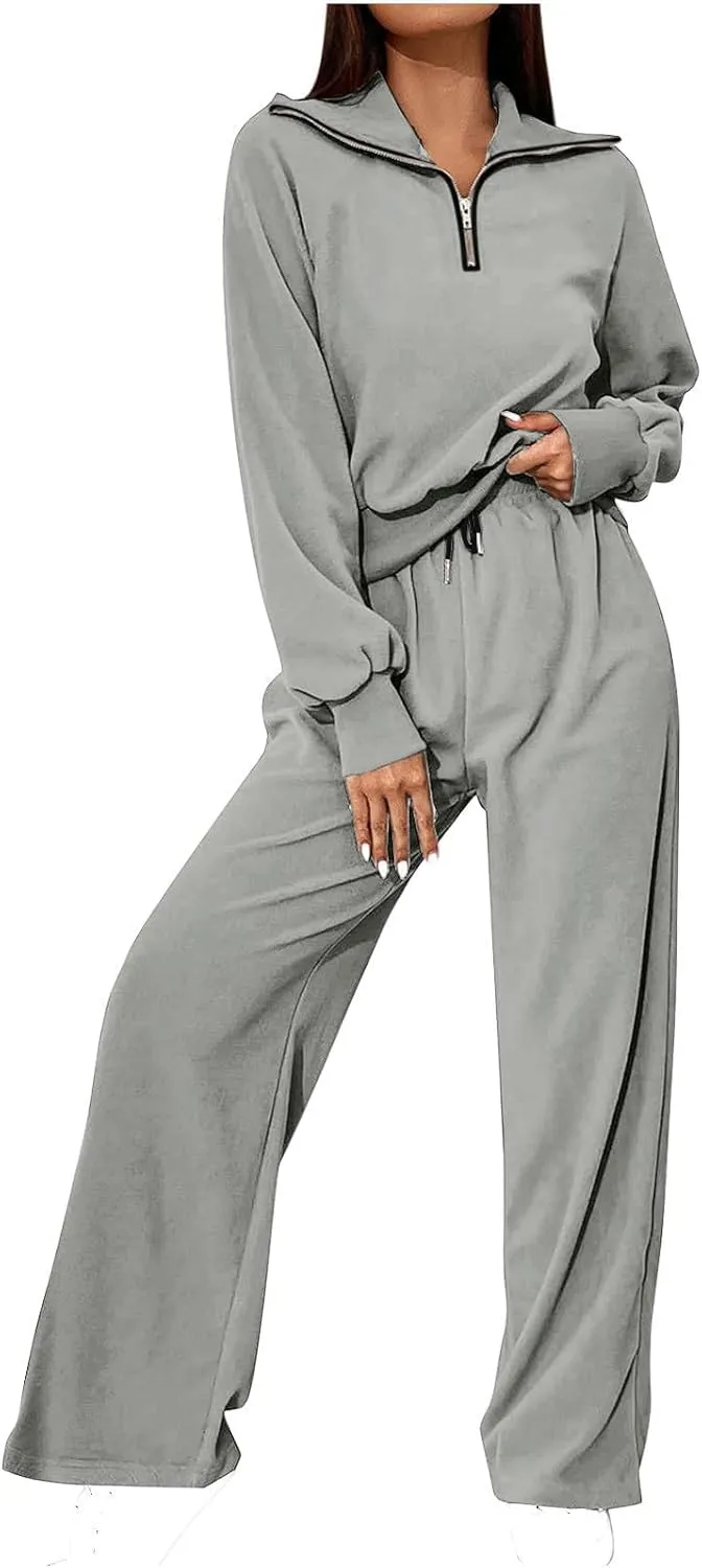DOLKFU Womens Half Zip Long Sleeve Casual Hoodies Tracksuit Wide Leg Loose Jogger Pant Fall Fashion 2 Piece Outfits