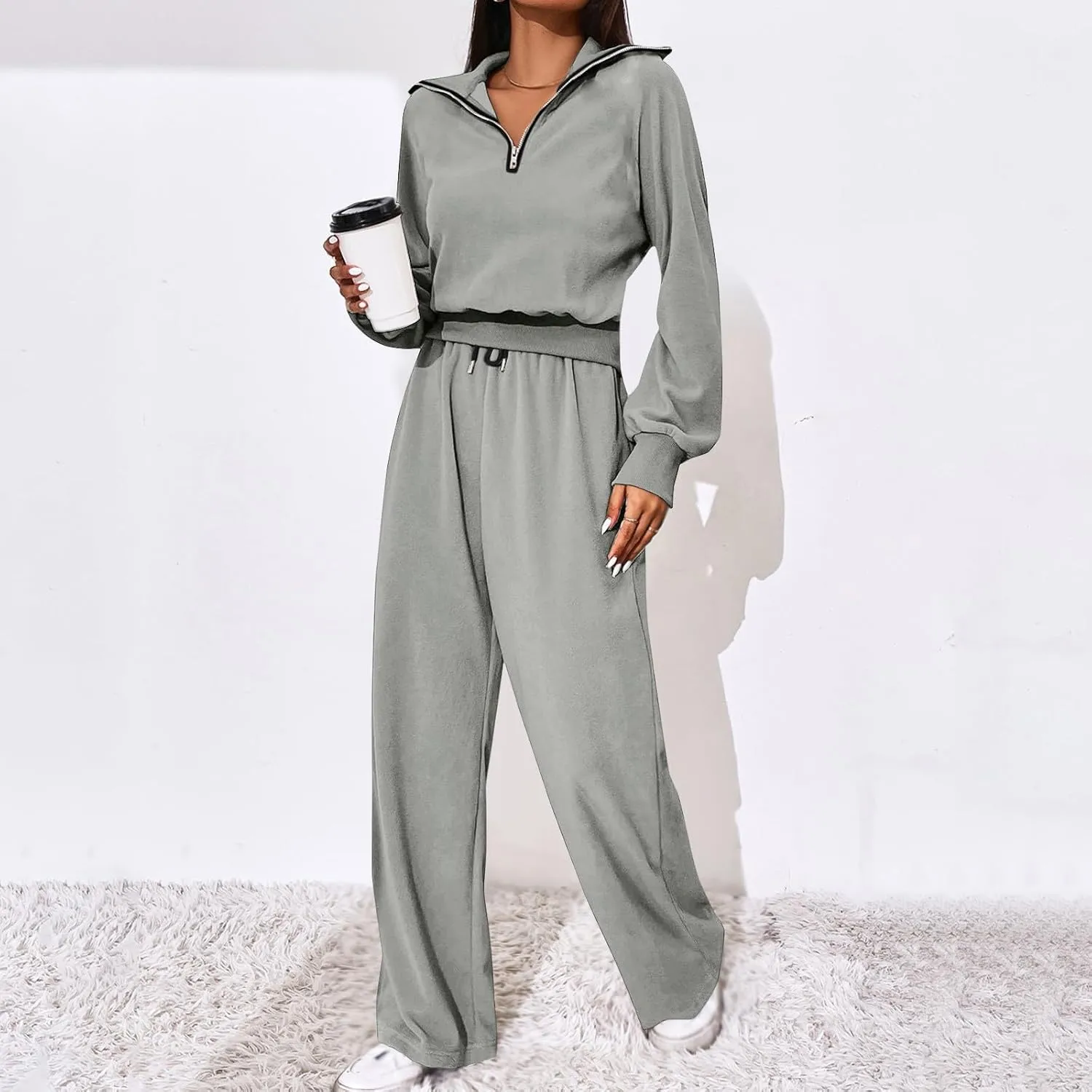 DOLKFU Womens Half Zip Long Sleeve Casual Hoodies Tracksuit Wide Leg Loose Jogger Pant Fall Fashion 2 Piece Outfits