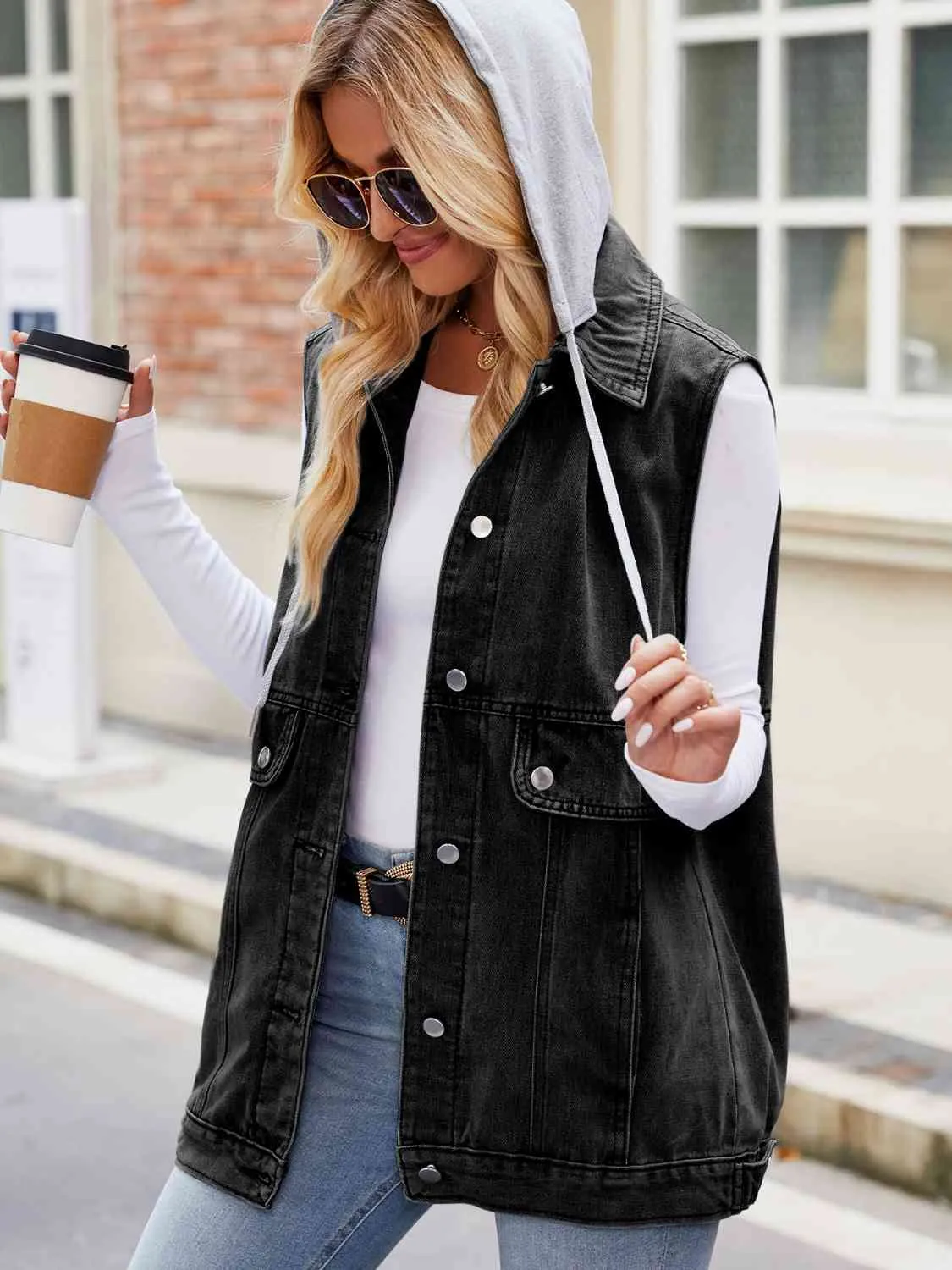 Drawstring Hooded Sleeveless Denim Jacket