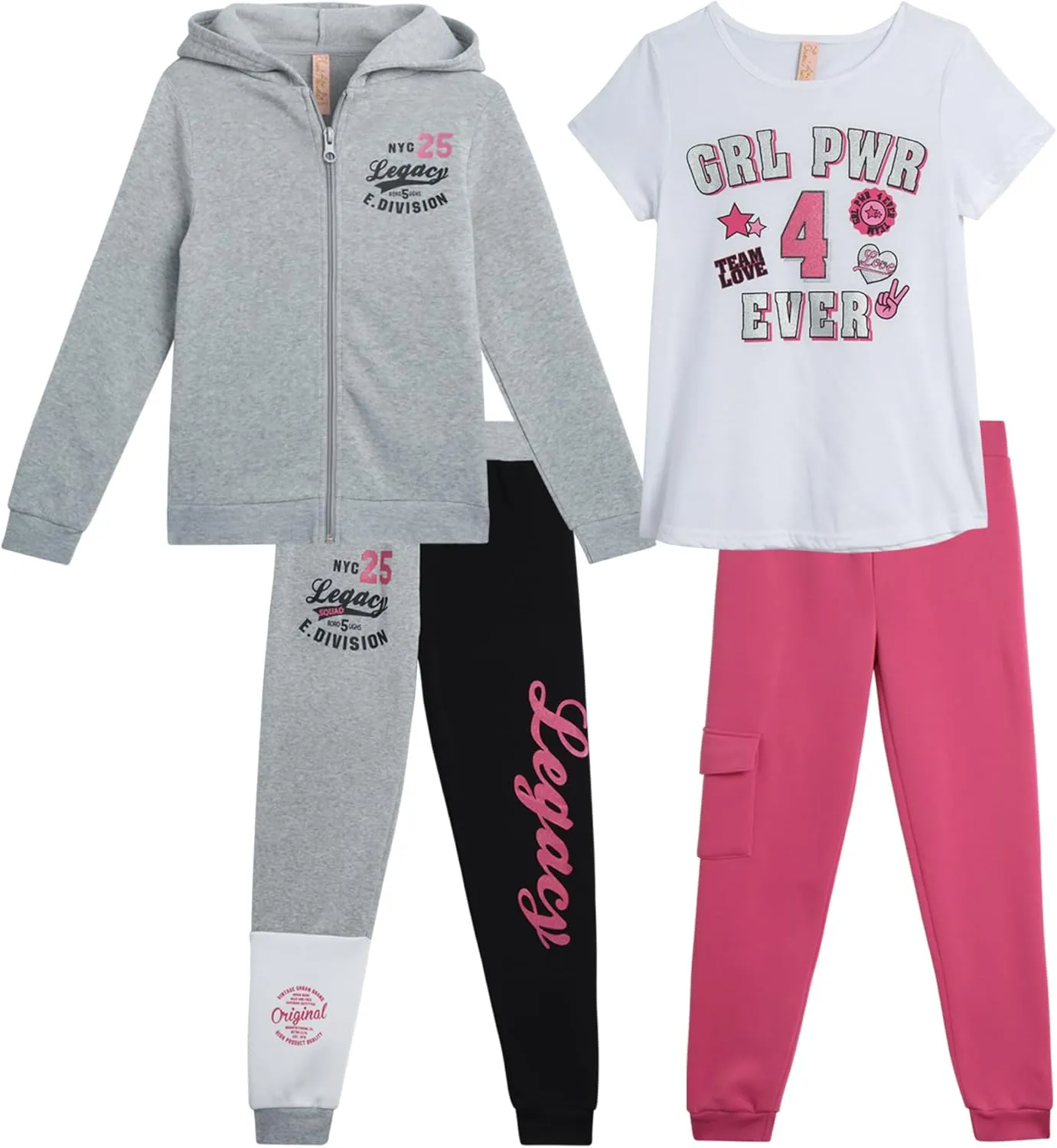 Dreamstar Girls' Activewear Set - 4 Piece Cozy Fleece Hoodie, Short Sleeve T-shirt and Jogger Pants Set for Girls (7-16)