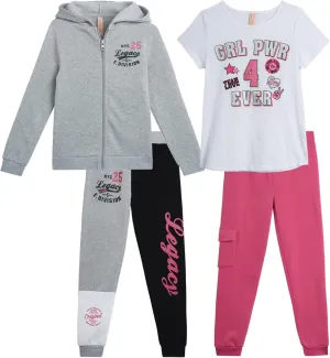 Dreamstar Girls' Activewear Set - 4 Piece Cozy Fleece Hoodie, Short Sleeve T-shirt and Jogger Pants Set for Girls (7-16)