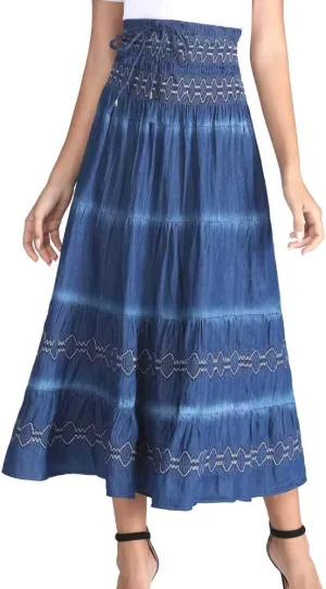 DREFBUFY Maxi Skirt Womens High Waist Pleated Tiered Long Skirts, Denim Look with Elastic Waistband, Casual Style Midi Dress for Women, Multi Wearing Styles (Blue18, XX-Large)